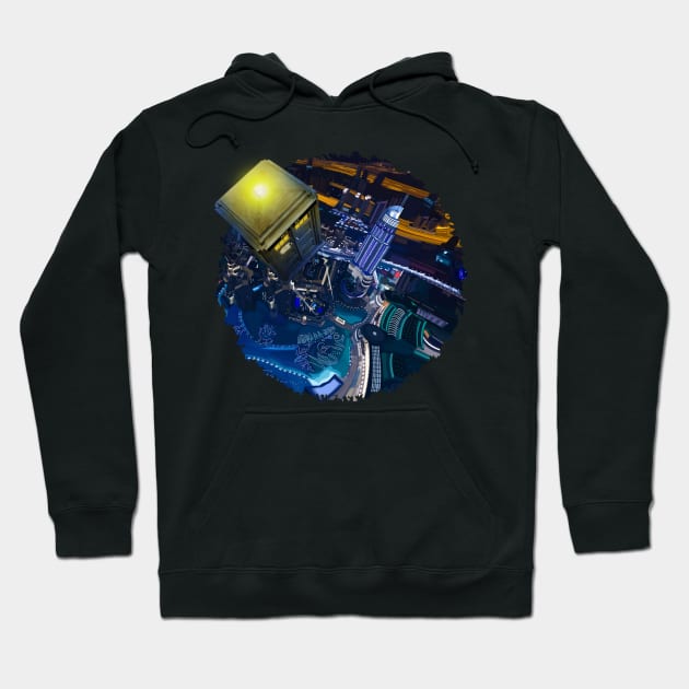 Tardis doctor who flying above modern starry night city Hoodie by Dezigner007